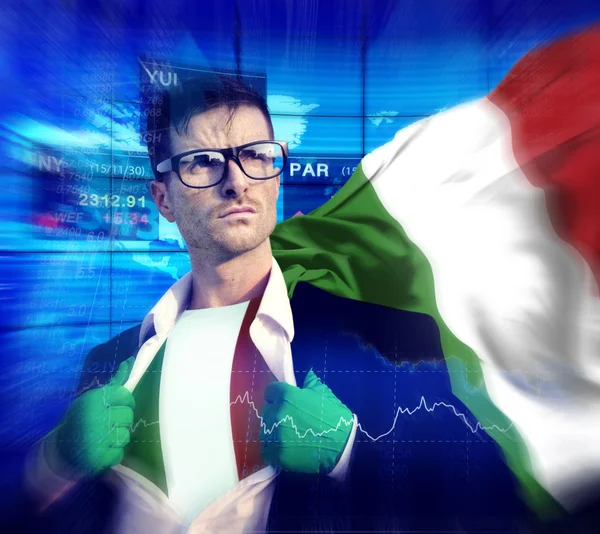 Υπερήρωα επιχειρηματίας στο ιταλικό χρηματιστήριο έννοια — Φωτογραφία Αρχείου