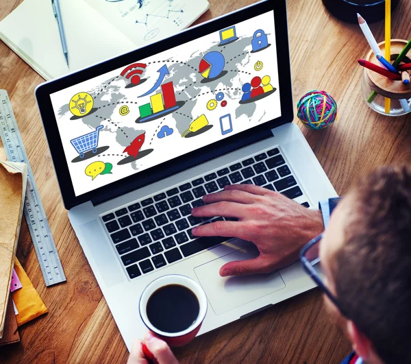 Man working on laptop with Global Business — Stock Photo, Image