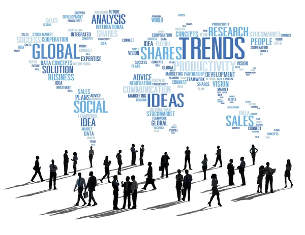 People under World Map with Trends Concept — Stock Photo, Image