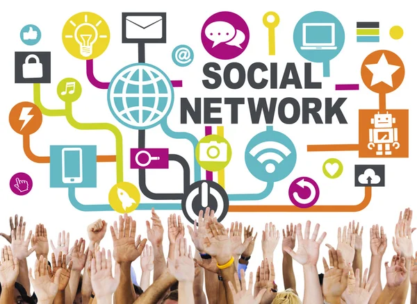 Mani sul background del concetto di social network — Foto Stock