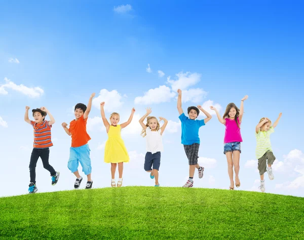 Gruppo di bambini multietnici sul campo — Foto Stock