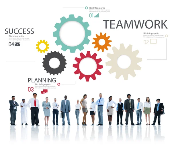 Mensen uit het bedrijfsleven onder de pictogrammen met Teamwork Concept — Stockfoto