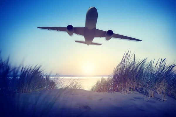 Airplane flies over nature — Stock Photo, Image