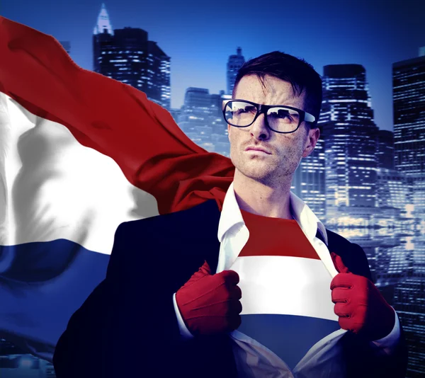 Businessman Superhero with Nertherlands Flag Concept — Stock Photo, Image