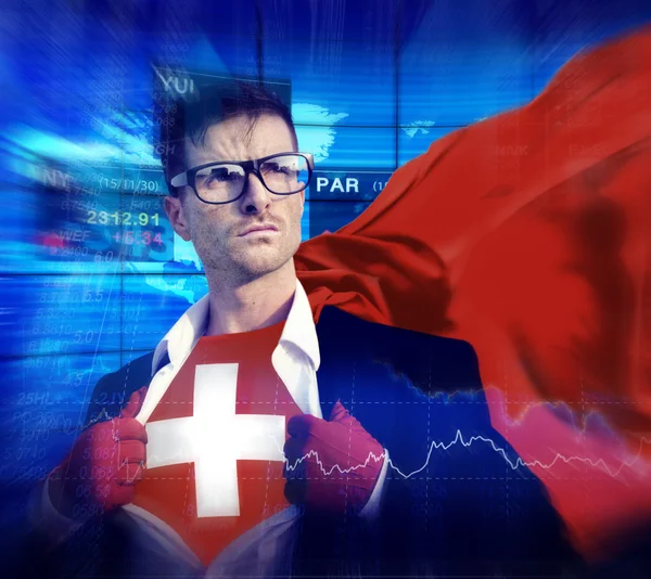 Επιχειρηματίας Superhero με σημαία Ελβετία έννοια — Φωτογραφία Αρχείου