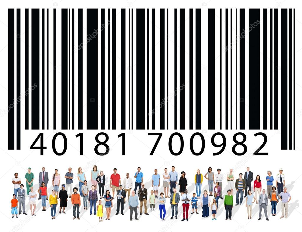 Group of multi ethnic people with barcode