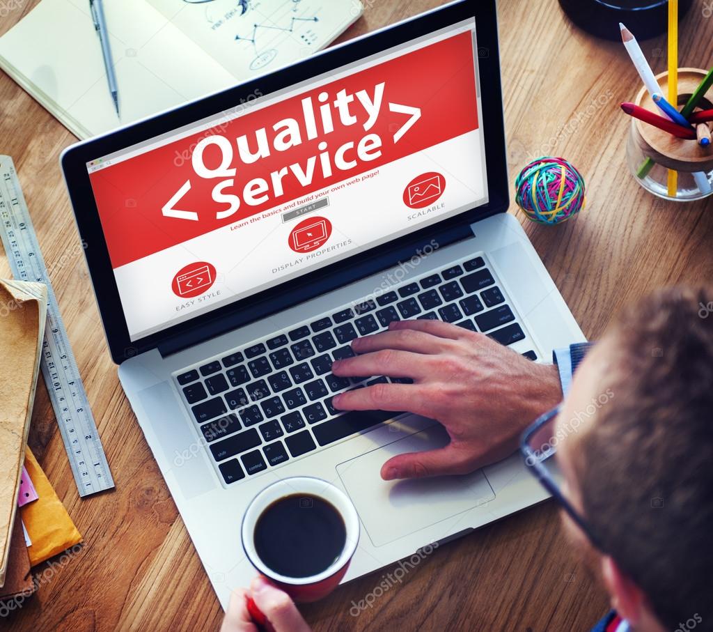 man working on laptop with Quality Service