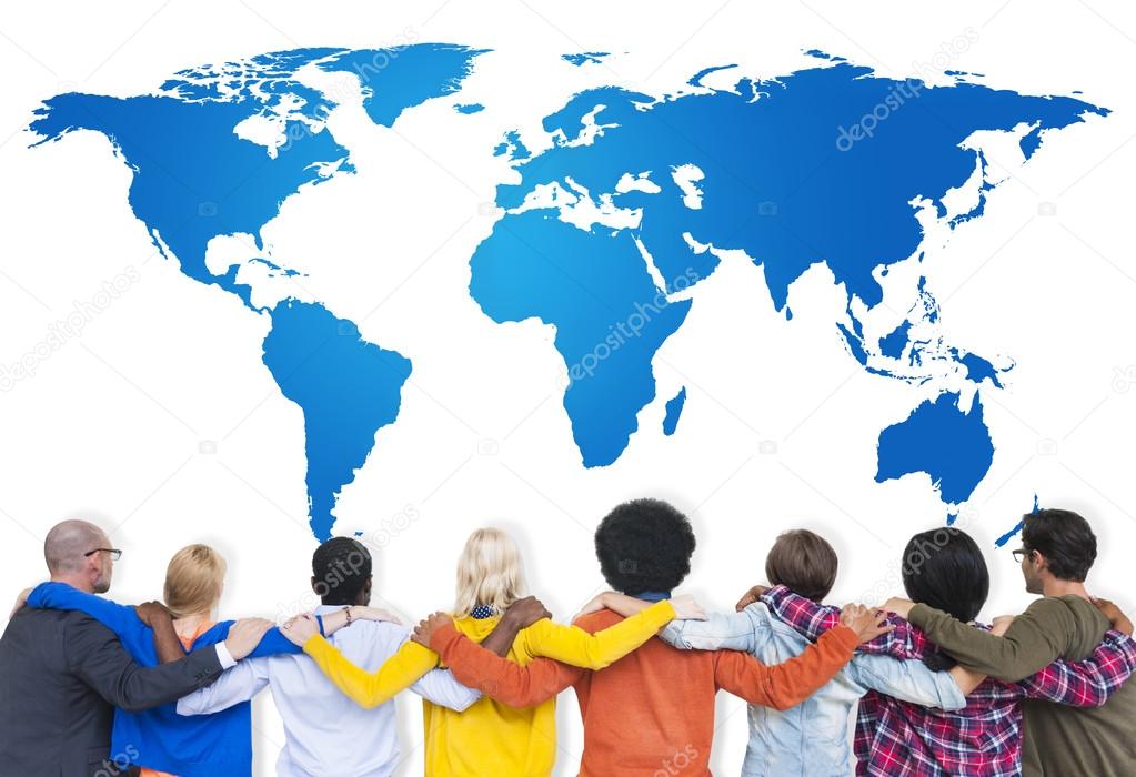 Group of multi ethnic people with world map