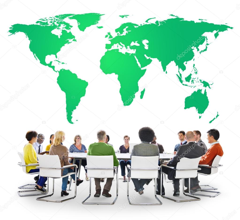 multi ethnic business people with world map