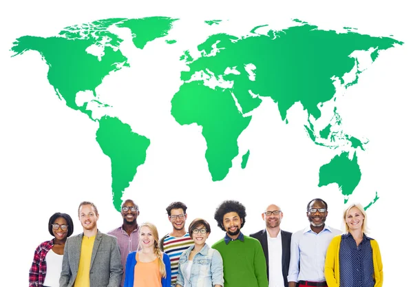 Group of multi ethnic people with world map — Stock Photo, Image