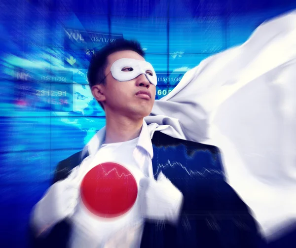 Japanischer Superhelden-Geschäftsmann bei Börsenkonzept — Stockfoto