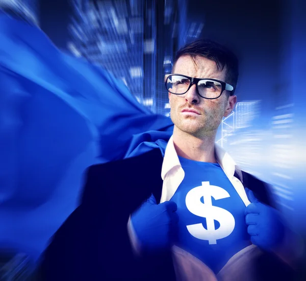 Superhéros Homme d'affaires et dollar Monnaie Questions financières Concept — Photo