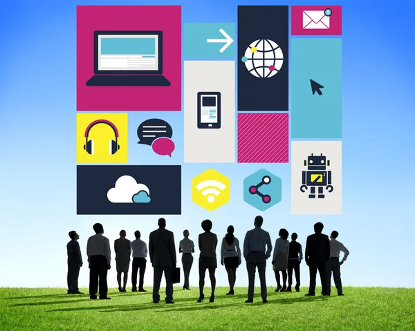 Business people under icons with Computer Concept — Stock Photo, Image