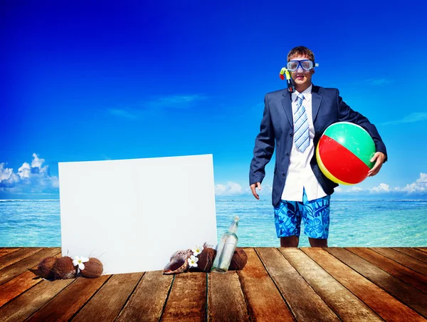 Businessman on tropical island with copy space — Stock Photo, Image