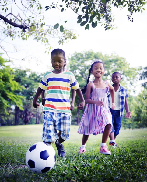 Gyermekek fociznak a természet — Stock Fotó