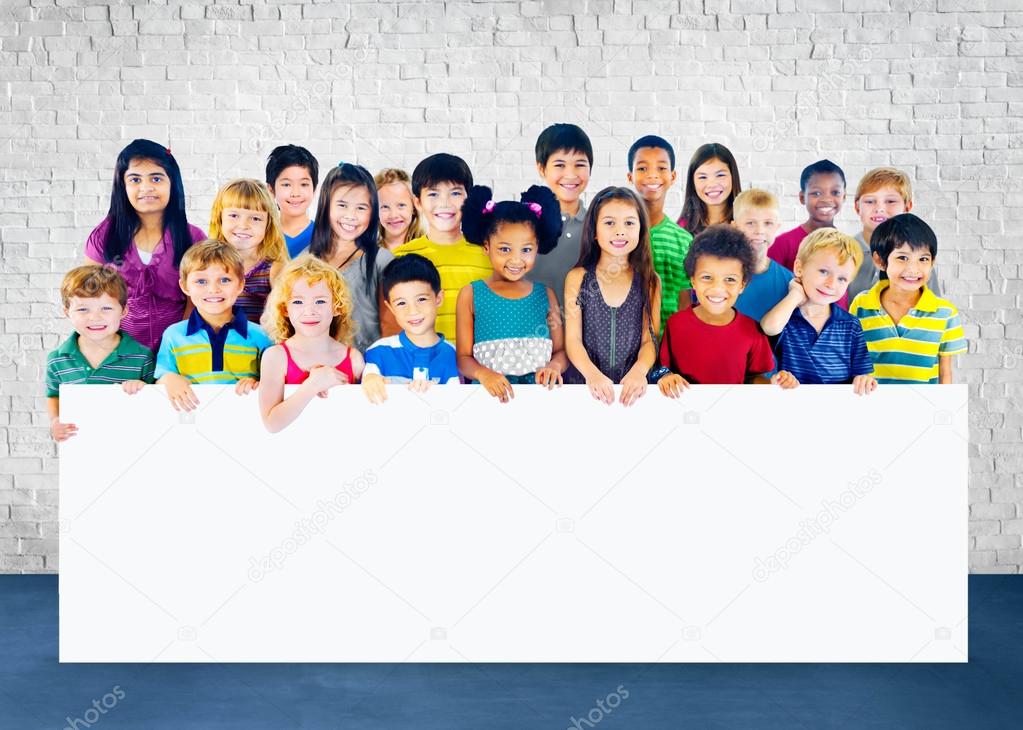 Group of Multiethnic Children with blackboard