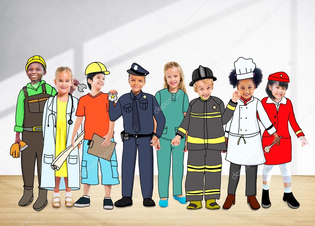 Group of Multiethnic Children in Different professions