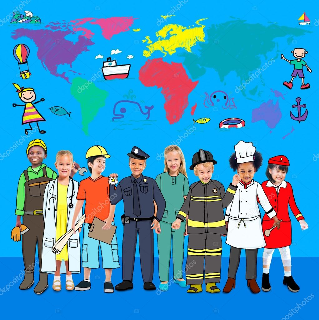 Gruppo di bambini multietnico in diverse professioni — Foto Stock