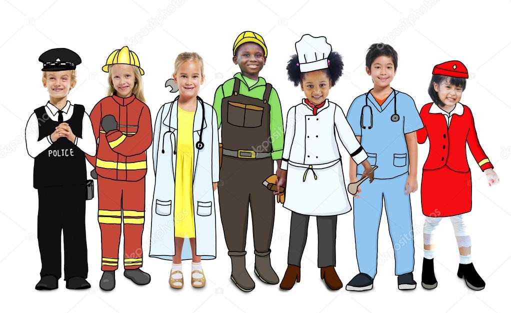Group of Multiethnic Children in Different professions