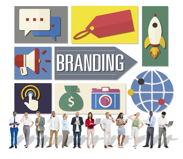 Persone con Branding, Pubblicità, Global Business Marketing Concept — Foto Stock