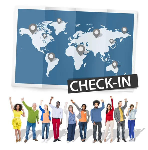 Grupo de personas y concepto de check-in —  Fotos de Stock