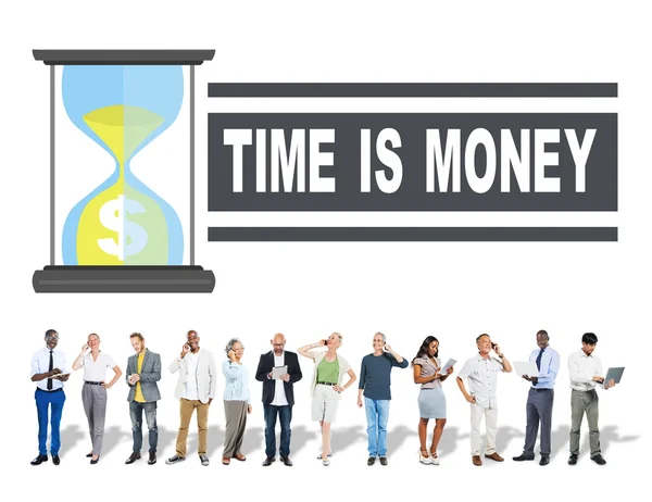 Ο χρόνος είναι γυαλί ώρας χρήματα, άνθρωποι των επιχειρήσεων — Φωτογραφία Αρχείου