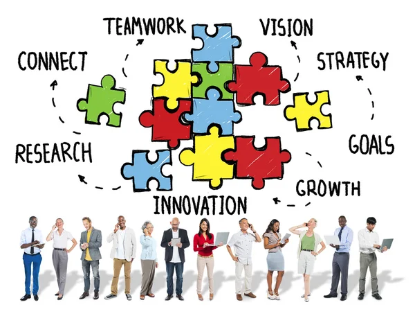 Teamwork, Connection Strategy, Partnership and Support Puzzle — Stockfoto