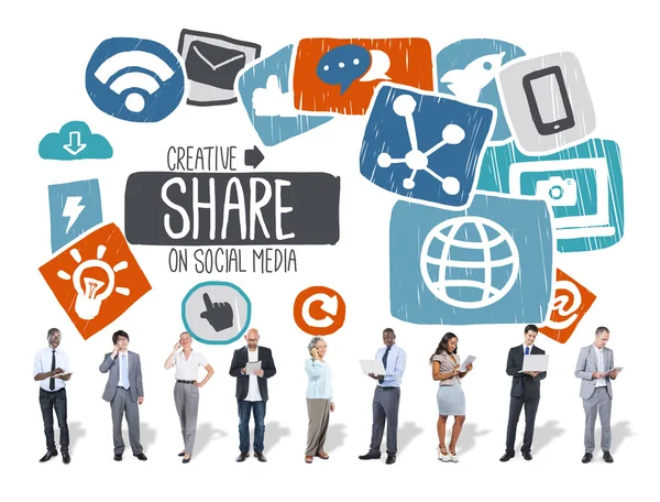 Sharing Social Media, Networking Online, Download — Stock Photo, Image