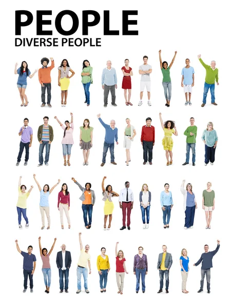 Grupp av människor mångfald stående med upp armarna — Stockfoto