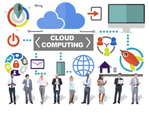 Personas y Dispositivos Digitales, Comunicaciones Globales, Cloud Computing —  Fotos de Stock