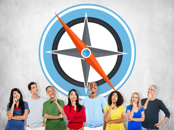 Diverse people and Navigation Compass — Stock Photo, Image