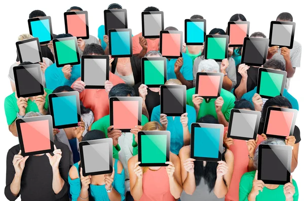 People with Digital Tablets pc covering their faces — Stock Photo, Image