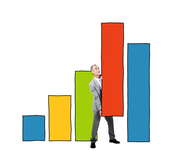 Business Man Supporting Bar Graph — Stock Photo, Image