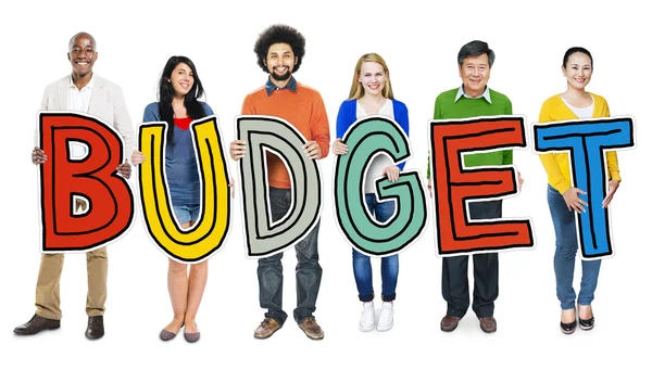 Gruppo di persone in possesso di Word Budget — Foto Stock