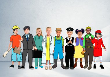 Neşeli çocuklar ve çeşitli meslekler