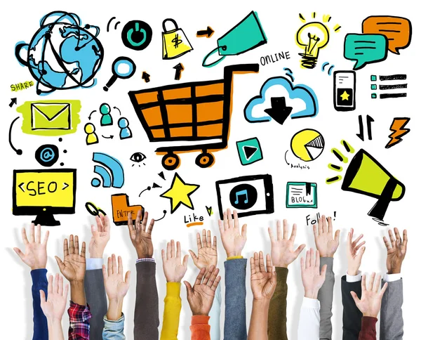 Diversiteit handen Online Marketing — Stockfoto