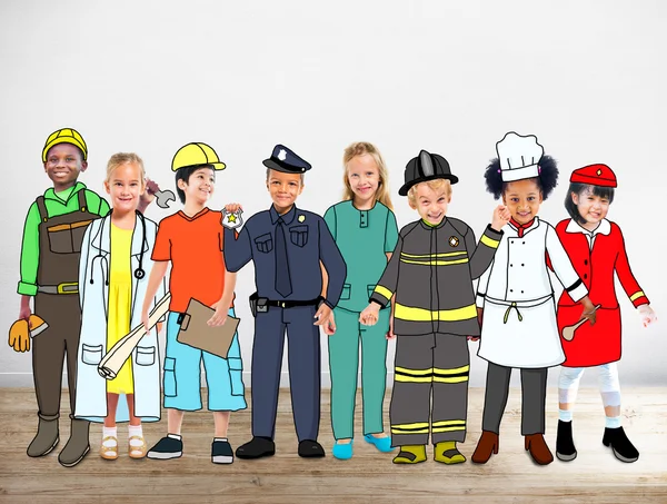 Grupo de crianças em várias profissões — Fotografia de Stock