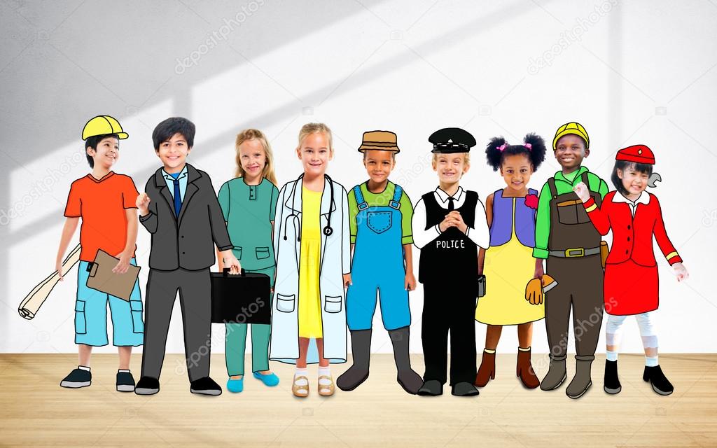 Group of children in various professions