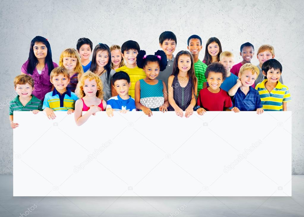 Group of Multiethnic children with empty board