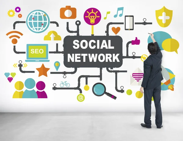 Redes Sociais, Redes Sociais e Conexões Globais — Fotografia de Stock