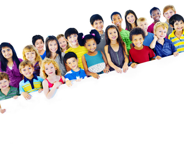 Group of Multiethnic children with empty board