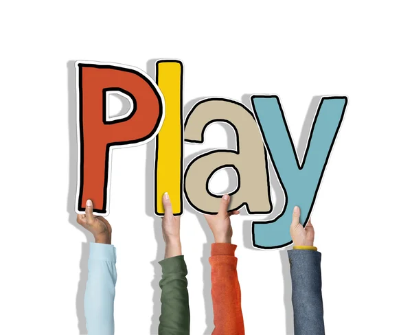 Mani tenendo premuto Play Word — Foto Stock