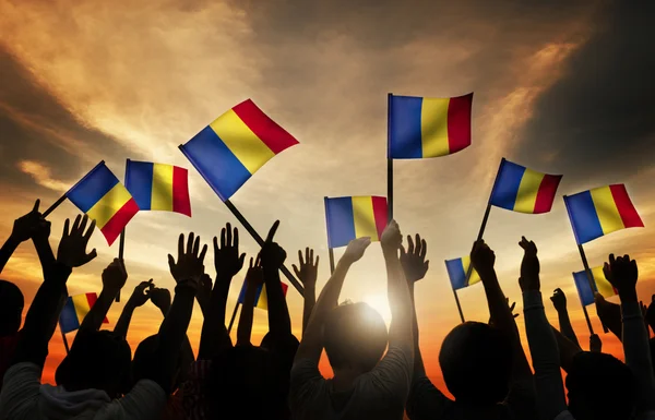 Group of People Waving Romanian Flags — Stock Photo, Image