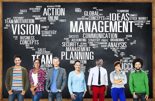 People near chalkboard with Global Management — Stock Photo, Image