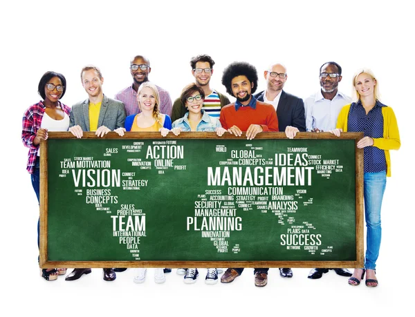 People holding banner with Global Management — Stock Photo, Image