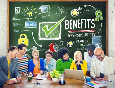 Diverse people discussing about Benefits clipart