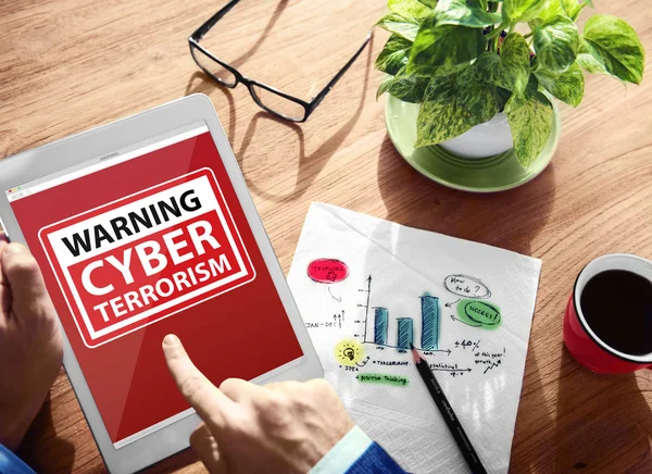 Hands holding tablet with Cyber Terrorism — Stock Photo, Image