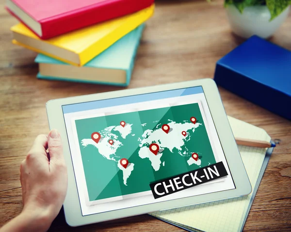 Hands holding tablet with Check In Concept — Stock Photo, Image