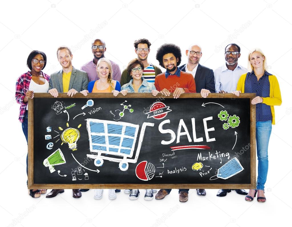 people holding banner with Sale