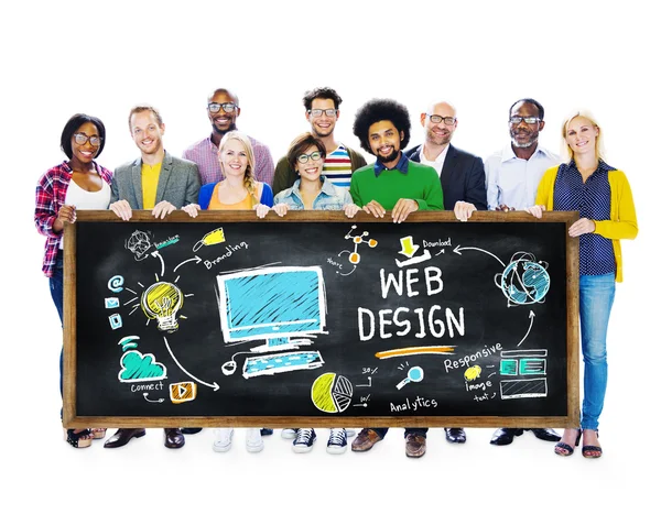 Personnes tenant une bannière avec Webdesign — Photo